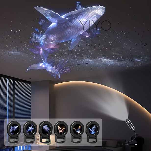 TEMU YIYOLICO Přenosná 360° otočná LED projekční lampa s námořními a motýlími vzory, napájená přes USB, vhodná pro strop, zeď, projekční osvětlení,