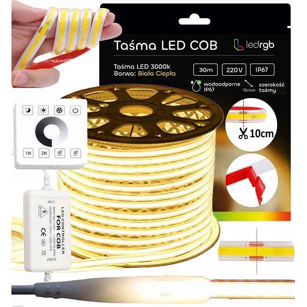 Set Led Pásek Cob 30 m 230 V Bílý Teplý 3000 10 CM Řezání Ovladač Dálkový Ovladač