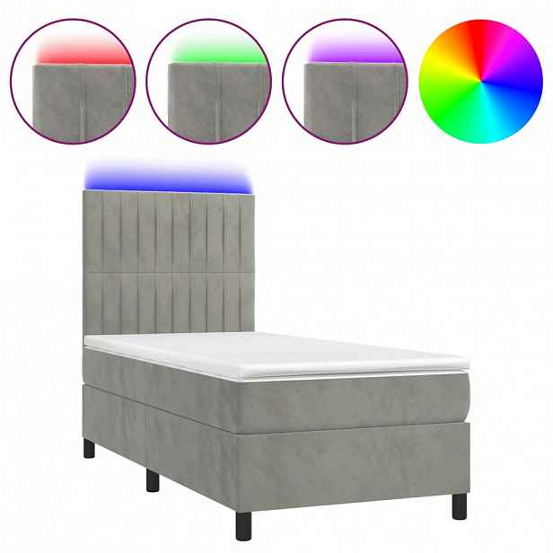 vidaXL Box spring postel s matrací a LED světle šedá 90x190 cm samet