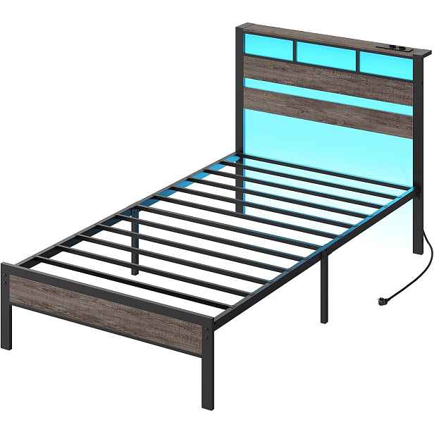 Jednolůžková postel s LED osvětlením a nabíjecí stanicí Vasagle Melisa 90x200 antracitová/černá