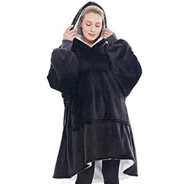Mikina Deka S Kapucí Teplá Oversize Flanelová Kapsa Černá