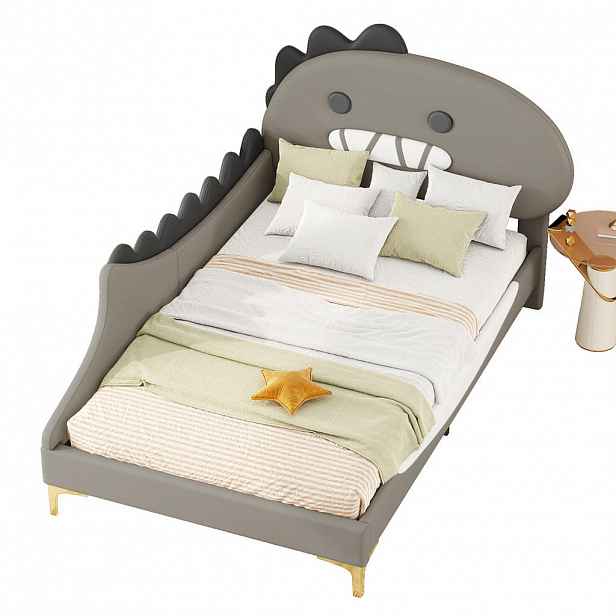 Modfu DĚTSKÁ postel z PU a MDF 90x200 cm šedá s motivem dinosaura, snadná údržba a hravý design