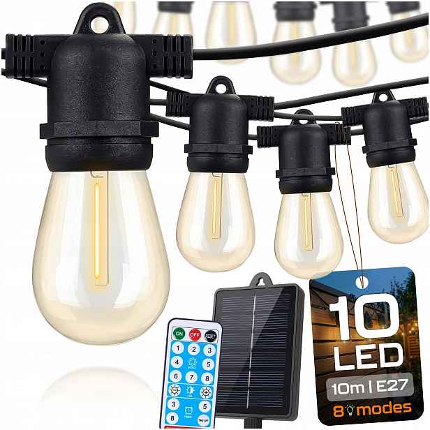 Solární Led Zahradní Světelná Girlanda Lampy 10 M 10+1 X Žárovka E27 Ovladač