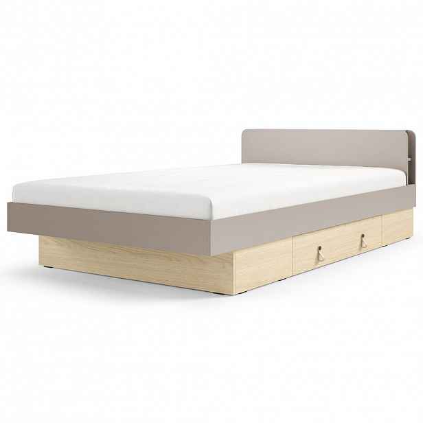 Beautysofa POSTEL Sorella 120 × 200 cm s lamelovým roštem a úložnou zásuvkou, bez matrace, porcini + dub Mavelie