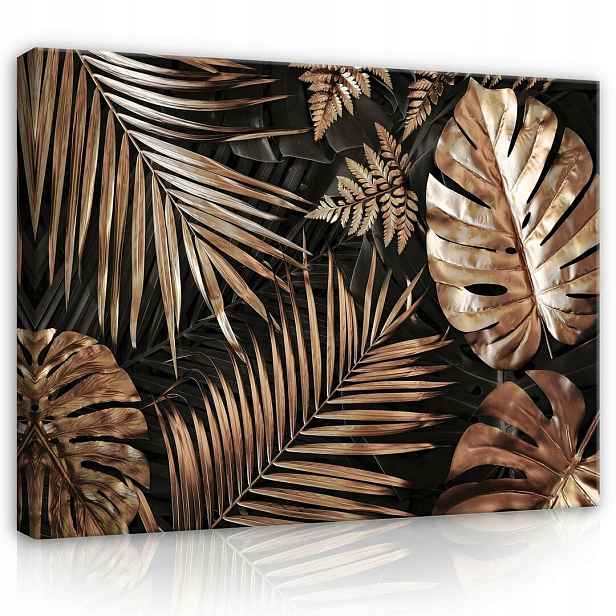 Obraz 100x75 Tropické listy monstera palma zlato lesk elegance