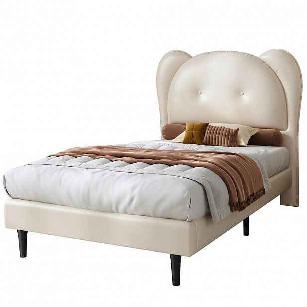 OKWISH DĚTSKÁ čalouněná postel 90/200 cm béžová z PU s čelem ve tvaru zvířátka
