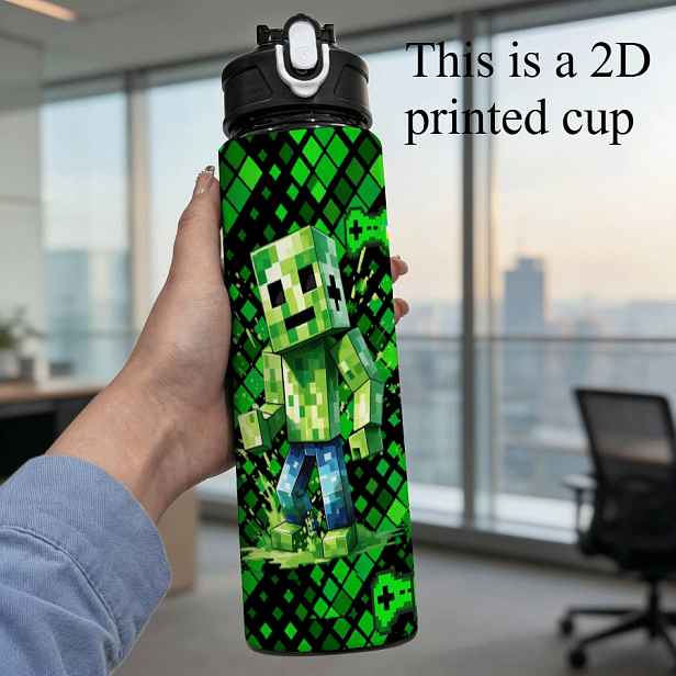 TEMU 1 ks 750 ml (25 oz) 2D tištěná láhev na vodu s víčkem a brčkem, cestovní hrnek s pixelového zeleného postavičky na mřížkovitém zeleném pozadí, s