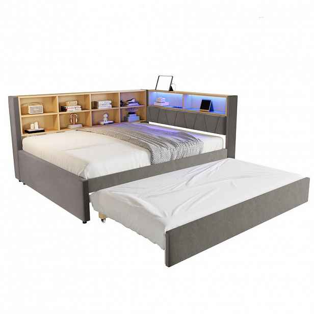 Modfu ČALOUNĚNÁ postel z flanelu 140x200 cm tmavě šedá s LED osvětlením, USB-C a úložným prostorem