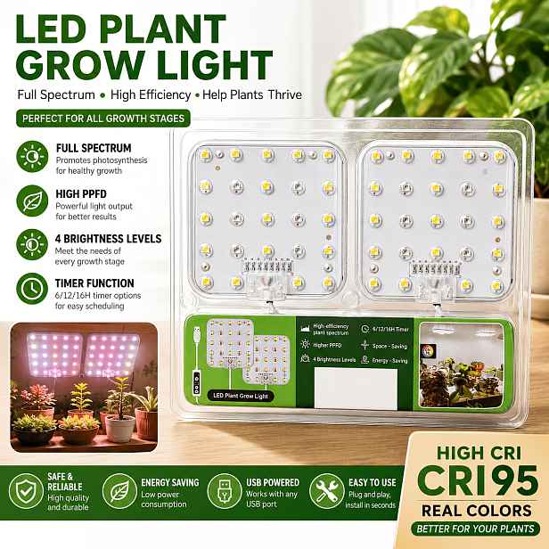 TEMU LED pěstební lampa pro pokojové rostliny, 48 LED diod volitelně, automatické zapínání/vypínání s 6/12/16H časovačem, USB napájená lampa pro