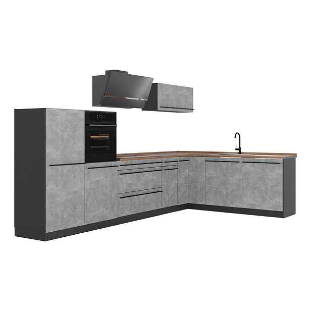 Vicco ROHOVÁ KUCHYŇ R-Line, Beton/Antracit, 347 x cm pracovná doska Dub Goldkraft
