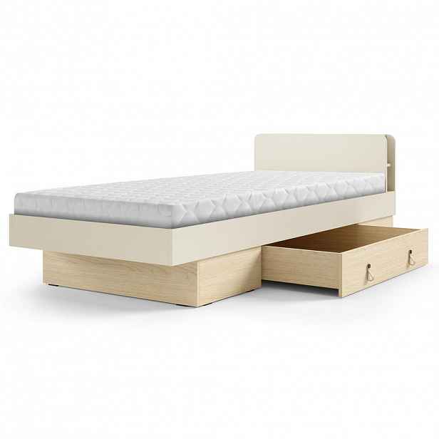 Beautysofa POSTEL Sorella 90 × 200 cm s lamelovým roštem a úložnou zásuvkou, s matrací 26 cm, macadamia + dub Mavelie
