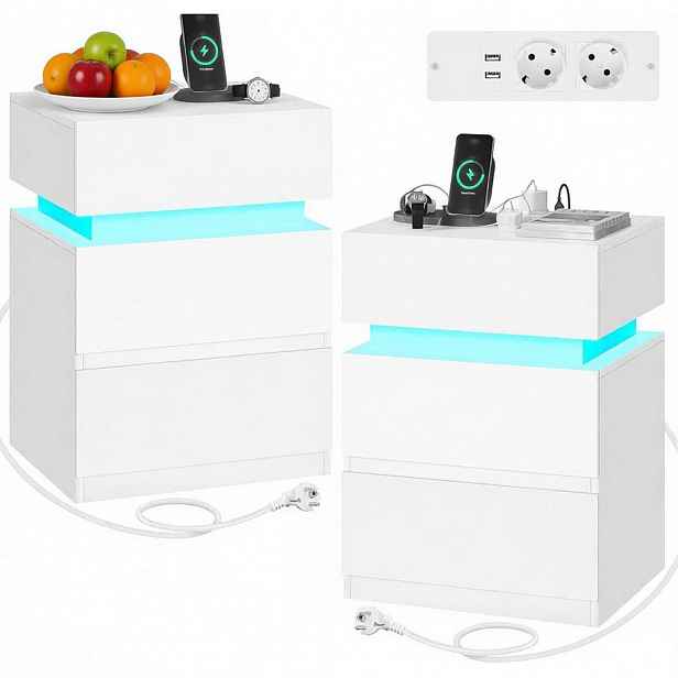 Modfu SET 2 nočních stolků ze dřeva 40x55x35 cm bílý s LED osvětlením, 2 zásuvkami, USB a nabíjecí stanicí