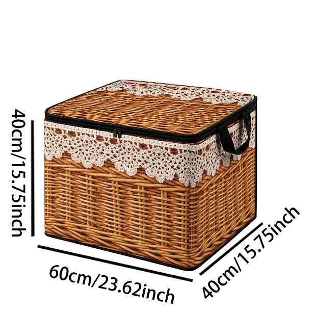 TEMU 1 ks Košík z proutí s krajkovým lemem, 2D plochý potisk s přírodní pastorační tématikou, velkokapacitní úložný box, skládací úložný box v retro