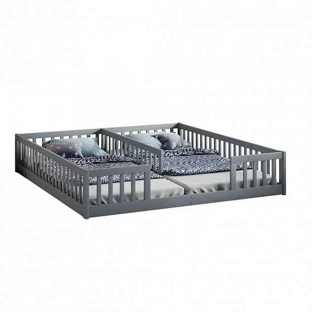 Modfu DĚTSKÁ postel z borovice a MDF 90x200 cm šedá se 2 lůžky, roštem a bezpečnostní zábranou