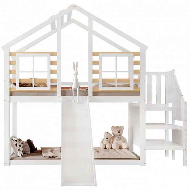 STILVORA PALANDA 90/200 cm, bílá & přírodní, se skluzavkou, oknem a schody, masivní dřevo, srubový design