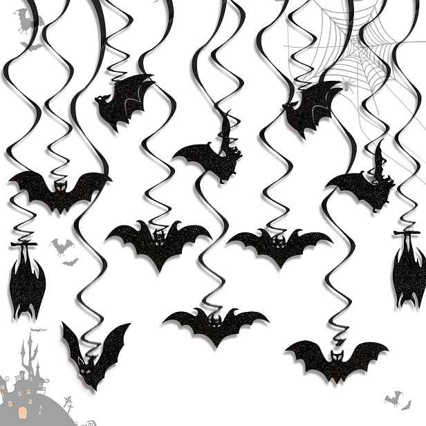 TEMU 12 ks Halloweenské netopýří závěsné ozdoby Dekorace Černé netopýří stropní stuhy, stropní okno veranda, třída, kancelář, strašidelný dům,