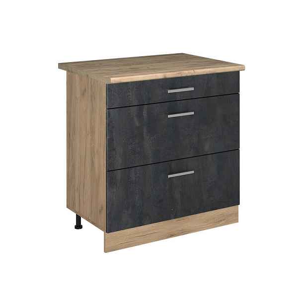 Vicco SPODNÍ SKŘÍŇKA KUCHYŇSKÉ LINKY R-Line, Černý beton/Zlatý mocný dub, 80 cm se 3 zásuvkami pracovná doska Dub Goldkraft