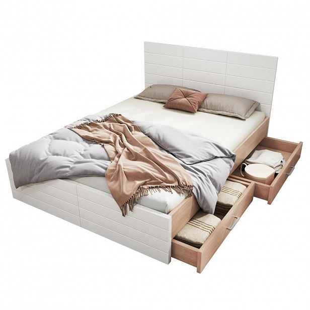 OKWISH DVOULŮŽKO 140/200 cm bílé v dekoru světlý dub z masivního dřeva a MDF s matrací a 2 zásuvkami