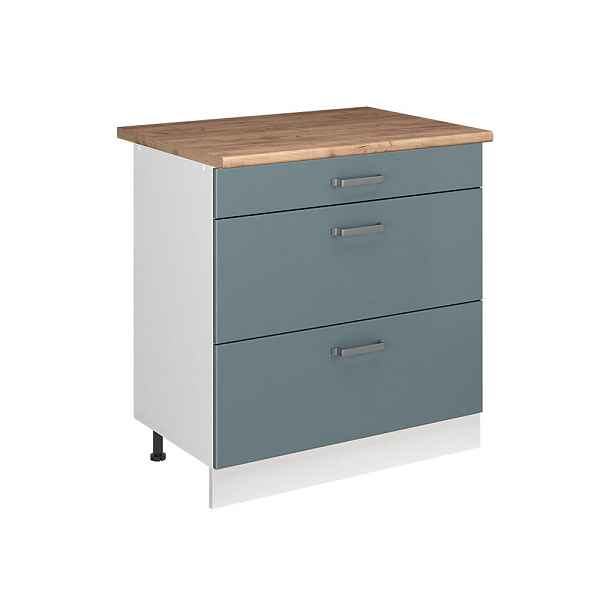 Vicco SPODNÍ SKŘÍŇKA KUCHYŇSKÉ LINKY R-Line, Modrošedá/Bílá, 80 cm se 3 zásuvkami pracovná doska Dub Goldkraft