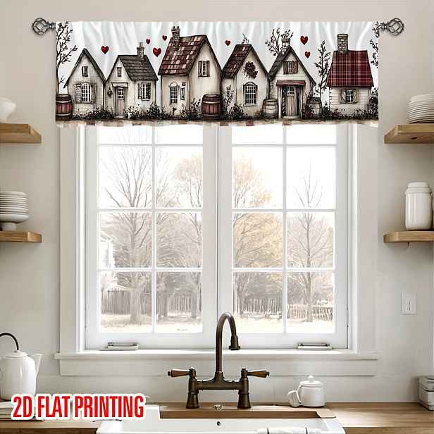 TEMU 2D plochý - 2D plochý tisk 54X17.7In/137X45Cm, rustikální chalupářská závěs s srdcí a světelným filtrujícím panel, snadná instalace, okenní