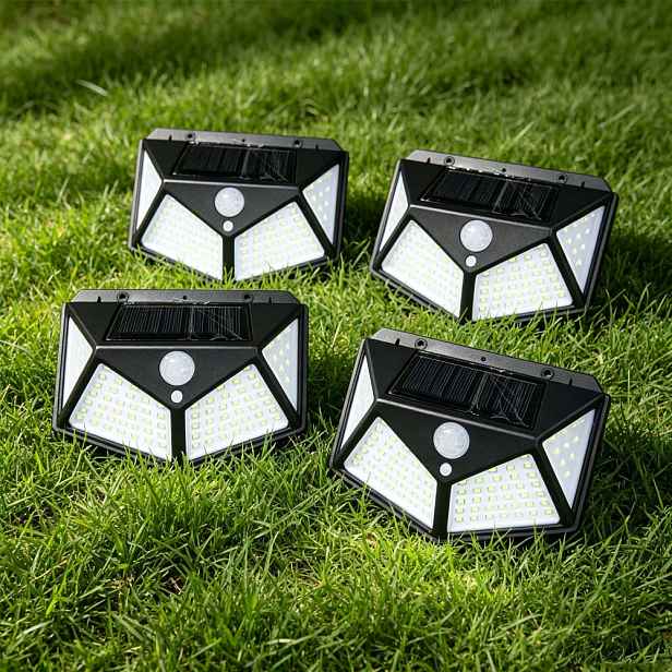TEMU 4 ks Chytrá venkovní pouliční světla s pohybovým senzorem, 100 LED solární nástěnná světla, ABS solární dobíjecí lucerny, širokoúhlé reflektory,