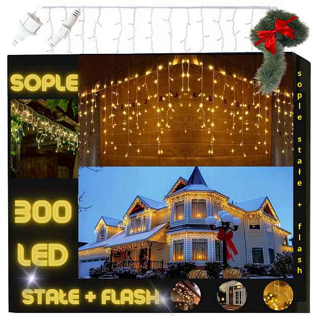 Venkovní Osvětlení Vánoční Sople 300 Led Bílá Teplá Pevná Flash 12 m