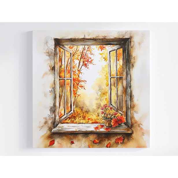 Obraz Na Plátně Canvas Dekorace Okno Pohled Strom Podzim Květiny 50x50