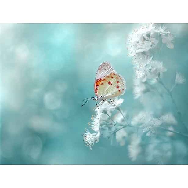 Obraz Na Plátně Canvas Jemný Motýl Bílé Květy Turkus Bokeh 80 x 60