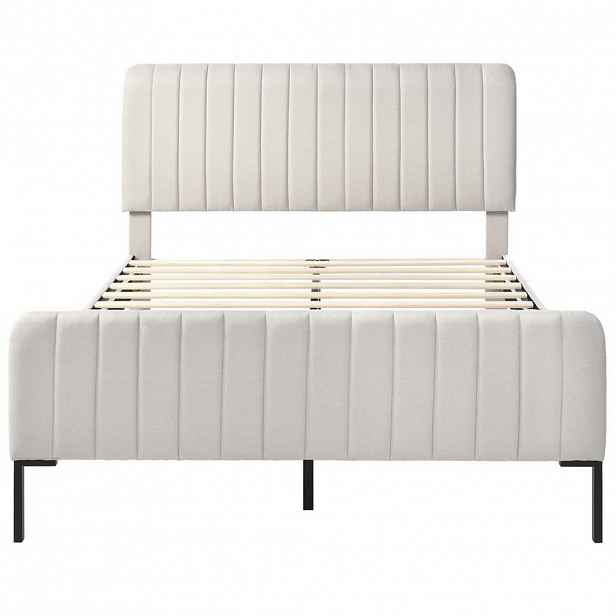 OKWISH ČALOUNĚNÁ postel 160/200 cm šedo-béžová z lnu s matrací a nastavitelným čelem