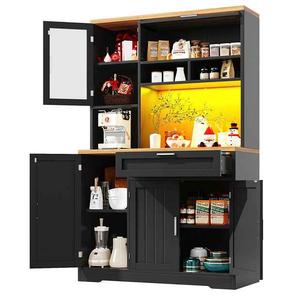 Modenvie BUFFET skříň z MDF, 104/40/180 cm černá, s LED osvětlením a skleněnými dvířky