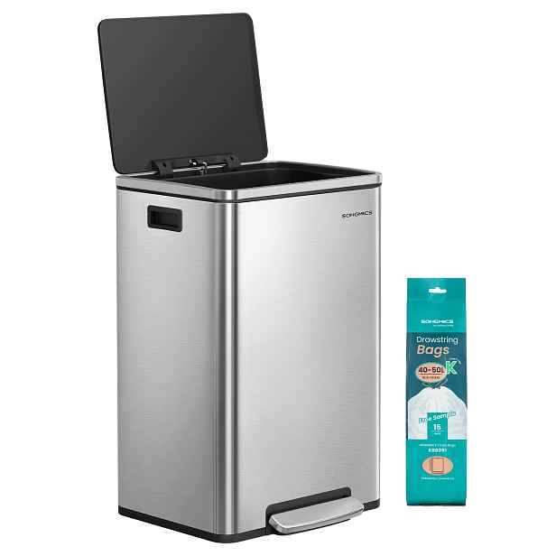 Songmics Ocelový pedálový koš s víkem 50 L, stříbrný
