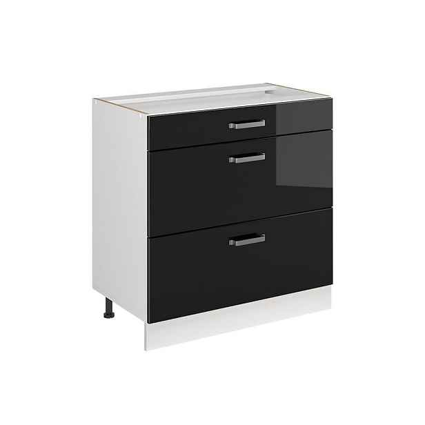 Vicco SPODNÍ SKŘÍŇKA KUCHYŇSKÉ LINKY R-Line, Černý vysoký lesk/Bílá, 80 cm se 3 zásuvkami bez pracovní desky