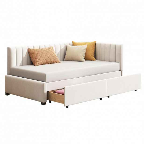 OKWISH POSTEL 90/200 cm béžová z čalouněného textilu s roštem a 2 úložnými zásuvkami