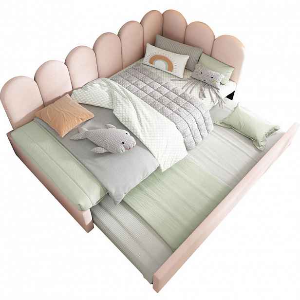 OKWISH ČALOUNĚNÁ postel 90/200 cm růžová ze sametu s výsuvným lůžkem a roštem