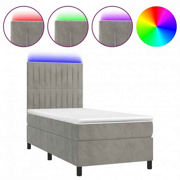 vidaXL Box spring postel s matrací a LED světle šedá 100x200 cm samet