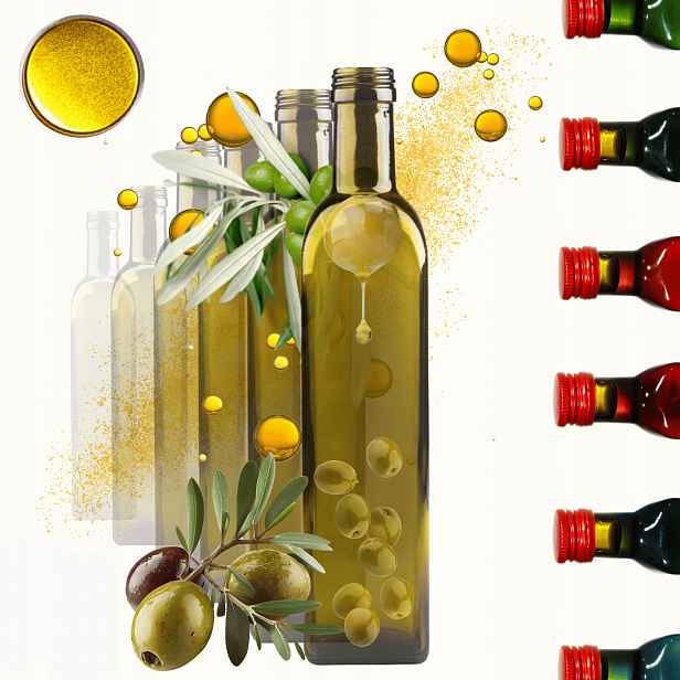 Lahve 500 ml marasky čtvercové zelené na olivový olej fi31 30ks Uzávěry