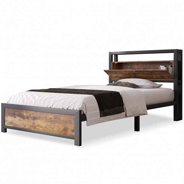 OKWISH JEDNOLŮŽKOVÁ postel 90/200 cm přírodní z kovu a dřeva s úložným čelem