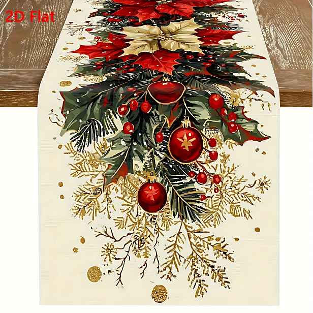 TEMU 1 ks 2D plochý vánoční květinový běhoun na stůl - červená a krémová poinsettie, holly listí, zlaté akcentované červené dekorativní koule,