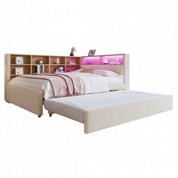OKWISH ROZKLÁDACÍ postel 140/200 cm béžová z flanelu s výsuvným lůžkem LED a úložnými přihrádkami