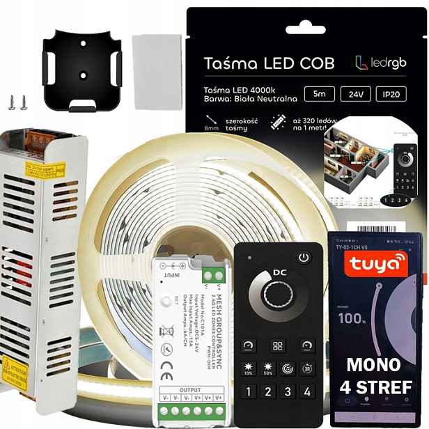 Sada Led pásků Cob 24V 5 m Bílá N. 4000K Napájecí Zdroj Tuya Bt Zóny Dálkový Ovladač Rf