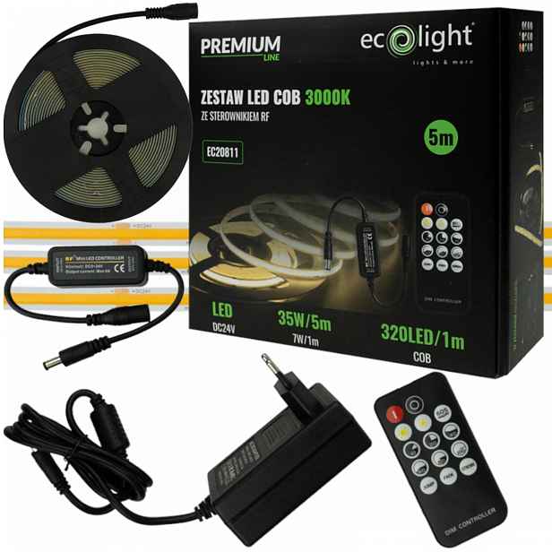Led pásek Cob 35W 5m Jednolitý pásek 320 Led Ovládání dálkovým ovladačem Sada 3000K