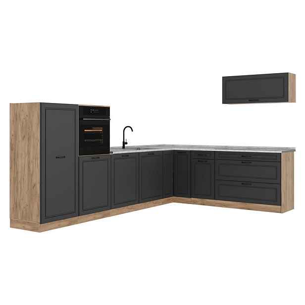 Vicco ROHOVÁ KUCHYŇ R-Line, Antracitový venkovský dům/Zlatý mocný dub, 327 x cm pracovná doska Mramor