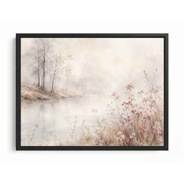 Obraz Rám Americký Box Krajina Pohled Řeka Mlha Stromy Růžové Květy 80x60