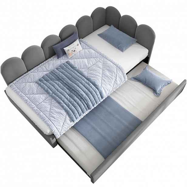 OKWISH DENNÍ postel 90/200 cm šedá ze sametu s výsuvným lůžkem