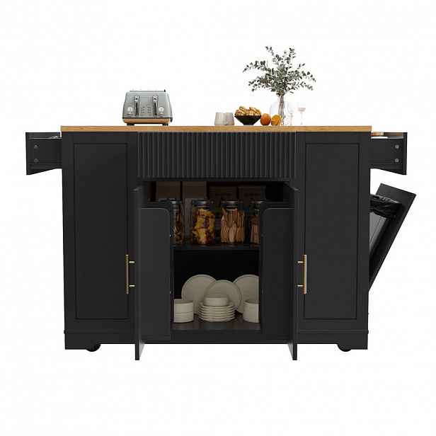 OKWISH KUCHYŇSKÝ ostrůvek 120/50/92 cm černý z MDF a kovu s úložným prostorem, košem a kolečky