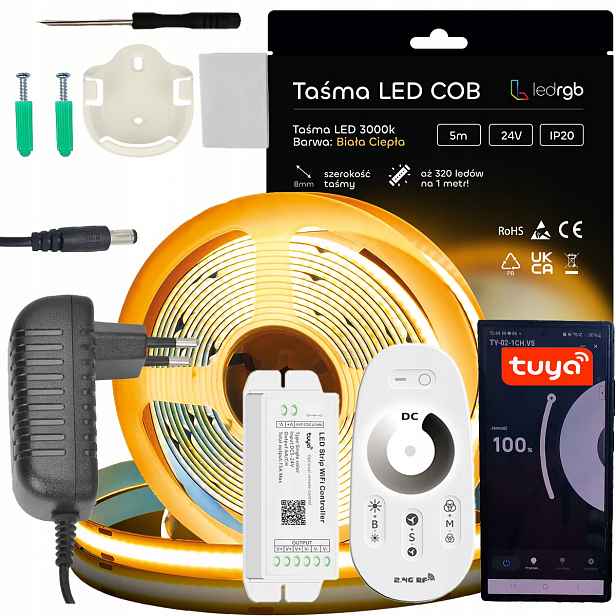 Sada Led pásků Cob 24V 5 m 3000K Bílá C. Zásuvkový Napájecí Zdroj Tuya Dálkový Ovladač