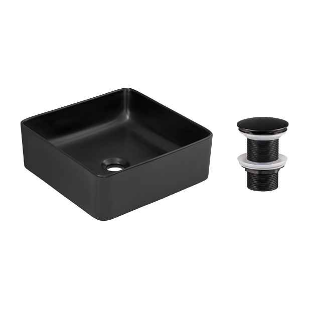 Comad Sada keramického umyvadla na desku a výpusti Slim 40 cm černá mat