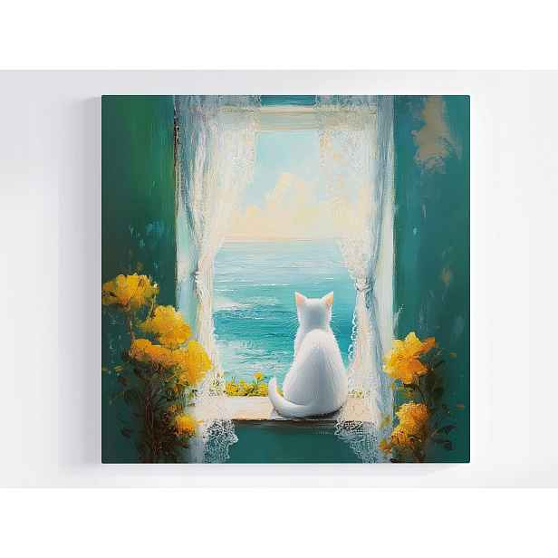 Obraz Na Plátně Canvas Impression Okno Pohled Na Moře Bílá Kočka Květiny 50x50