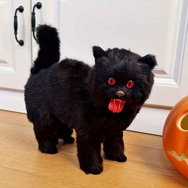 TEMU Klasický halloweenský partner Strachy Kočka - Flokovaný děsivý vzhled s červenýma očima, lehká dekorace perfektní jako dýně pro strašidelnou