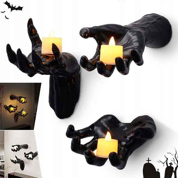 Halloween Nástěnný Držák 3 Gotické Ruce Na Lampičky A Klíče Na Oslavu